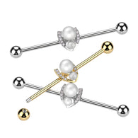 Double Pearl Pave CZ Horseshoe Industrial Barbell