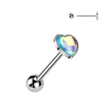 Cute! 316L Iridescent Stone Heart Barbell Tongue Rings