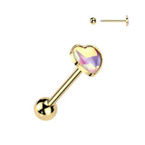 Cute! 316L Iridescent Stone Heart Barbell Tongue Rings