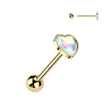 Cute! 316L Iridescent Stone Heart Barbell Tongue Rings