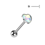 Cute! 316L Iridescent Stone Heart Barbell Tongue Rings