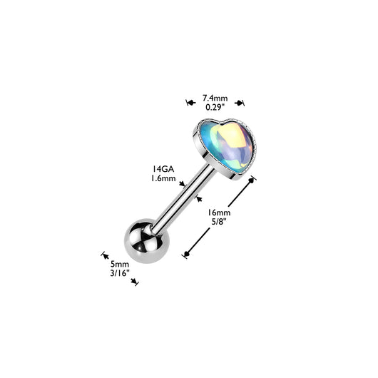 Cute! 316L Iridescent Stone Heart Barbell Tongue Rings