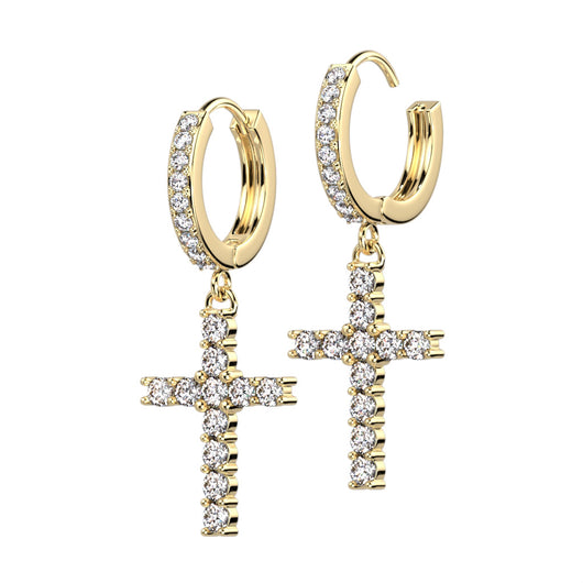 Pair CZ Paved Cross Dangle Hoop Earrings