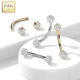 14K Solid Gold CZ Balls Curve Barbell Eyebrow Ring