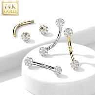 14K Solid Gold CZ Balls Curve Barbell Eyebrow Ring
