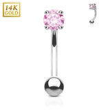 14K Solid Gold Round CZ Curve Barbell Eyebrow Ring