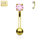 14K Solid Gold Round CZ Curve Barbell Eyebrow Ring