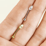 14K Solid Gold Tear Drop Prong Set CZ Curve Barbell Eyebrow Ring