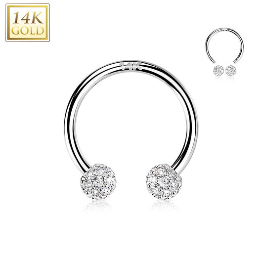 14K Solid Gold CZ Paved Balls Circular Barbell Horseshoe Nose Septum