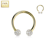 14K Solid Gold CZ Paved Balls Circular Barbell Horseshoe Nose Septum