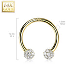 14K Solid Gold CZ Paved Balls Circular Barbell Horseshoe Nose Septum