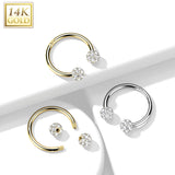 14K Solid Gold CZ Paved Balls Circular Barbell Horseshoe Nose Septum