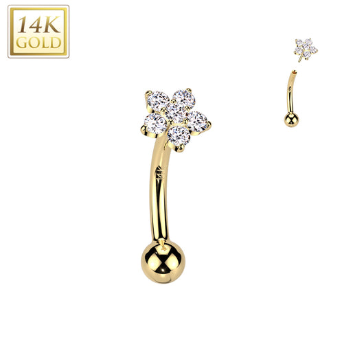 14K Solid Gold CZ Flower Threadless Push In Curved Eyebrow Barbell