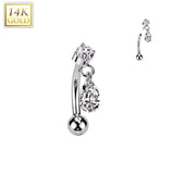 14K Solid Gold Threadless Push In Curved Eyebrow Barbell & Teardrop CZ Dangle