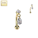 14K Solid Gold Threadless Push In Curved Eyebrow Barbell & Teardrop CZ Dangle