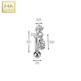 14K Solid Gold Threadless Push In Curved Eyebrow Barbell & Teardrop CZ Dangle