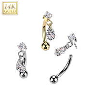 14K Solid Gold Threadless Push In Curved Eyebrow Barbell & Teardrop CZ Dangle