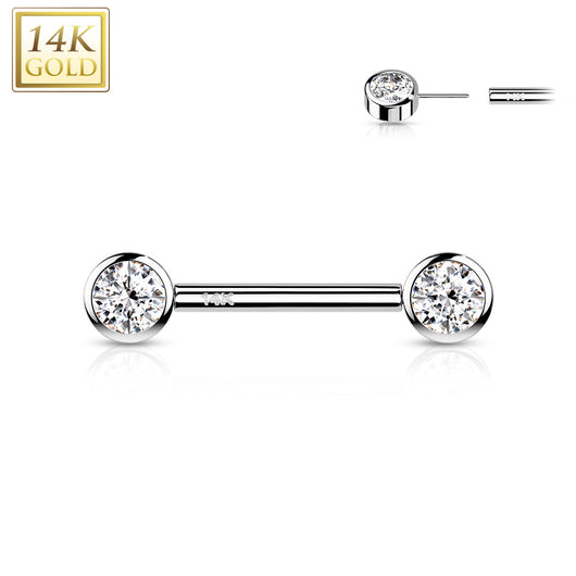 14K Solid Gold Threadless Nipple Barbells with Round CZ