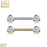 14K Solid Gold Threadless Nipple Barbells with Round CZ