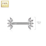 14K Solid Gold Threadless Nipple Barbells with Marquise CZ Set