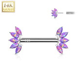 14K Solid Gold Threadless Nipple Barbells with Marquise Opal Set