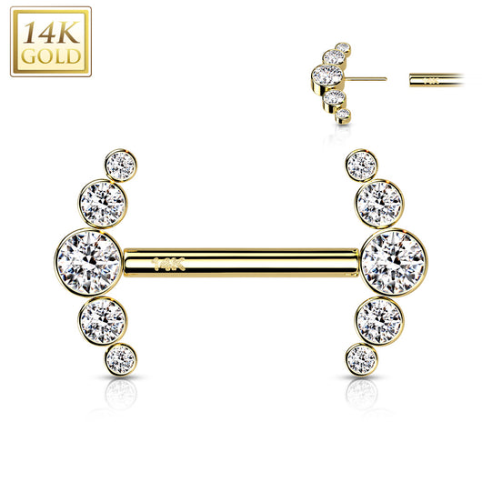 14K Solid Gold Threadless Nipple Barbells with Curve CZ Ends