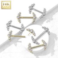 14K Solid Gold Threadless Nipple Barbells with Curve CZ Ends