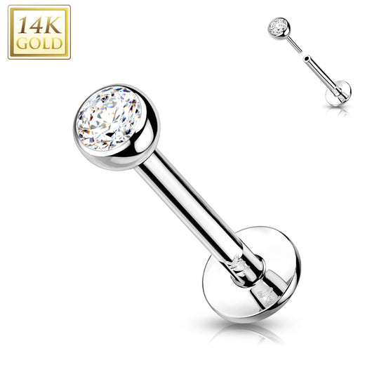 14K Solid Gold Threadless Labret With Bezel CZ Top 16G