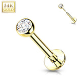 14K Solid Gold Threadless Labret With Bezel CZ Top 18G