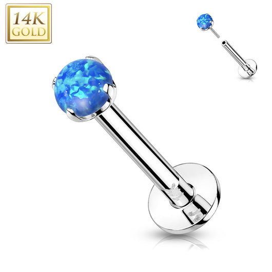 14K Solid Gold Threadless Push-in Labret Studs With Prong Opal Top