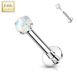 14K Solid Gold Threadless Push-in Labret Studs With Prong Opal Top