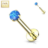14K Solid Gold Threadless Push-in Labret Studs With Prong Opal Top