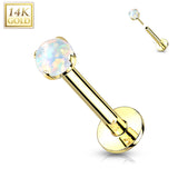 14K Solid Gold Threadless Push-in Labret Studs With Prong Opal Top