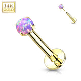 14K Solid Gold Threadless Push-in Labret Studs With Prong Opal Top