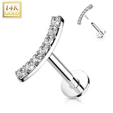 14K Solid Gold Threadless CZ Curve Top Labret Flat back Stud