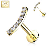 14K Solid Gold Threadless CZ Curve Top Labret Flat back Stud