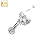 14K Solid Gold Threadless Labret With Marquise CZ Top