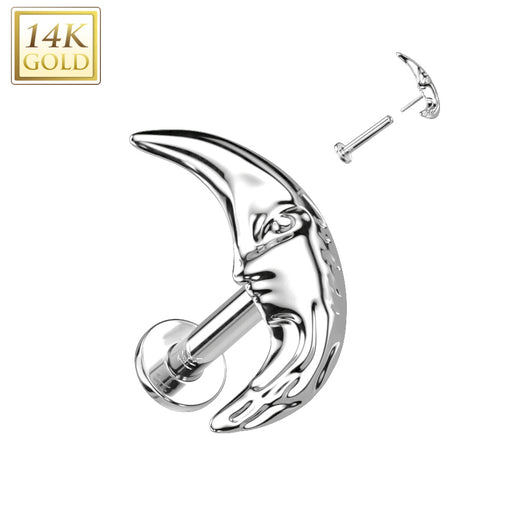 14K Solid Gold Threadless Labret With Crescent Moon Top