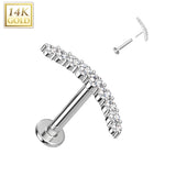 14K Solid Gold Threadless Labret With CZ Paved Curve Top