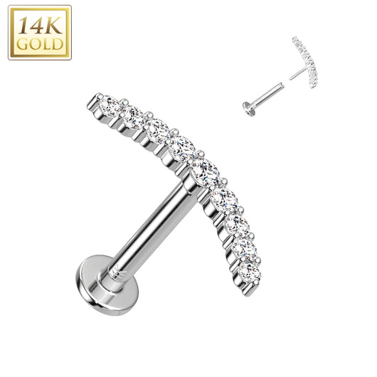 14K Solid Gold Threadless Labret With CZ Paved Curve Top