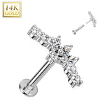 14K Solid Gold Threadless Labret With CZ Marquise Fan Top