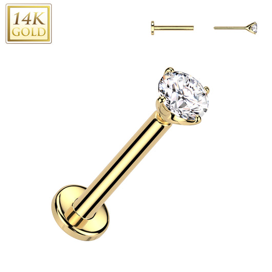 14K Solid Gold Threadless Push In Nose Stud With Prong CZ Top 20G