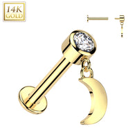 14K Solid Gold Labret Tragus Stud CZ Crescent Moon Dangle Top Ear Cartilage