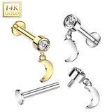 14K Solid Gold Labret Tragus Stud CZ Crescent Moon Dangle Top Ear Cartilage