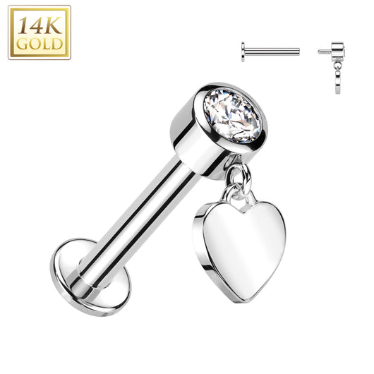 14K Solid Gold Labret Tragus Stud CZ Heart Dangle Top Ear Cartilage