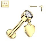 14K Solid Gold Labret Tragus Stud CZ Heart Dangle Top Ear Cartilage