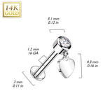 14K Solid Gold Labret Tragus Stud CZ Heart Dangle Top Ear Cartilage