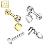 14K Solid Gold Labret Tragus Stud CZ Heart Dangle Top Ear Cartilage