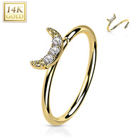 14K Solid Gold CZ Paved Crescent Moon Nose Hoop Ring Ear Cartilage Tragus