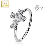 14K Solid Gold Opal or CZ Cross Nose Hoop Ring Ear Cartilage Tragus